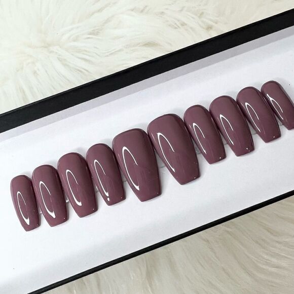 Classic Dark Mauve Glossy Custom Press On Nails | High Quality Nails | Handmade - Picture 1 of 10